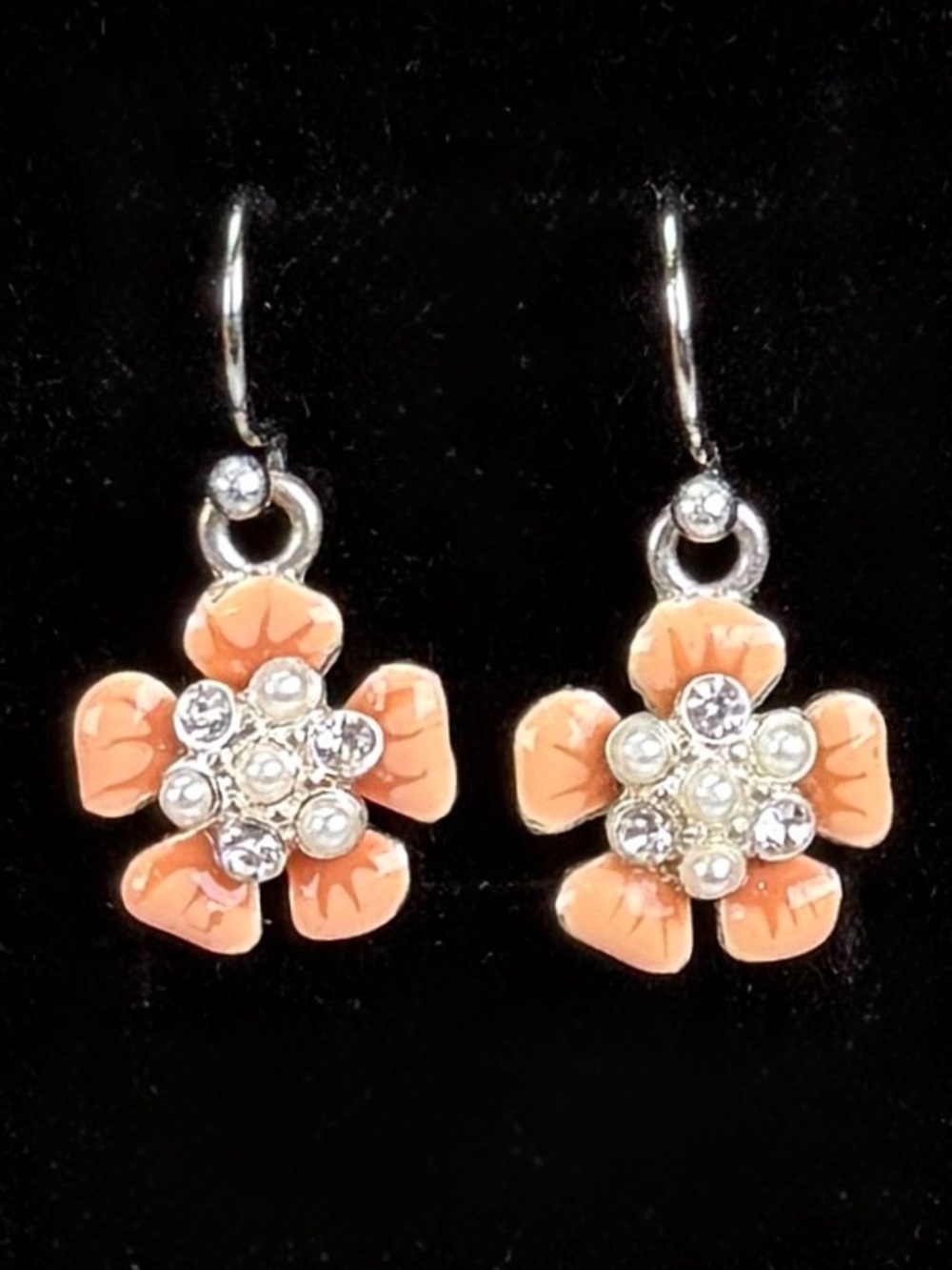 Vintage Silvertone Bling Enamel Flower Faux Pearl Pierced Earrings